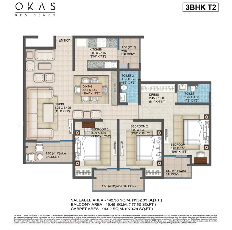 3 BHK + 2T Okas